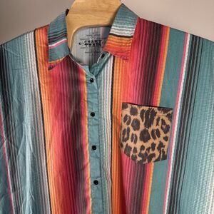 Crazy Train Serape Button Up Shirt Womens XXL Short Sleeve Leopard Pocket Square